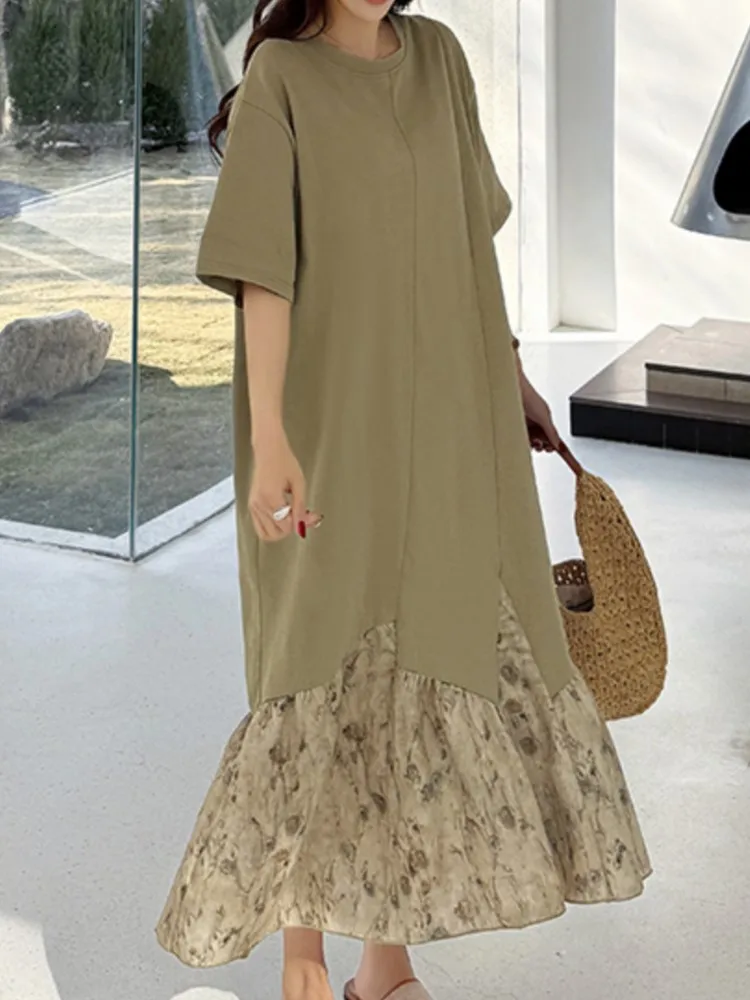 فستان نسائي صيفي جديد غير منتظم من كوريا فستان طويل من فيستدوس رداء Elbise فضفاض مقاس كبير بحاشية مرقعة لون أسود