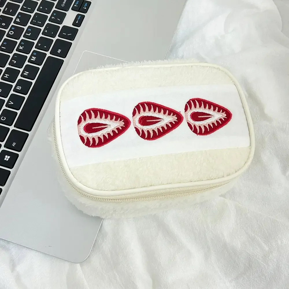 Portable Fuzzy Pen Bag Strawberry Sandwich Multi-functional Makeup Bag Cute Embroidered Pencil Case School Office