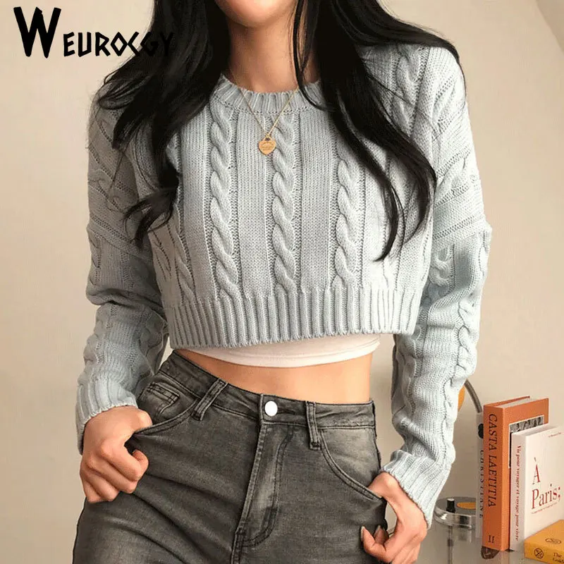 

Women Cropped Knitted Sweater 2023 Autumn Winter Fashion Casual Loose Solid Color Round Neck Long Sleeve Pullovers Casual Tops