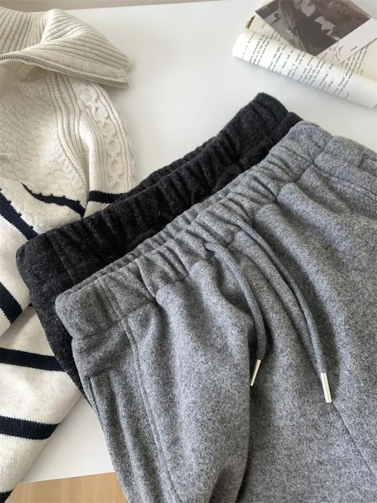 Women Loose Pants Gray Korean Style Glutinous Rice Plush Autumn Winter Warm Fleece Lined Retro Wide Leg Casual Versatile