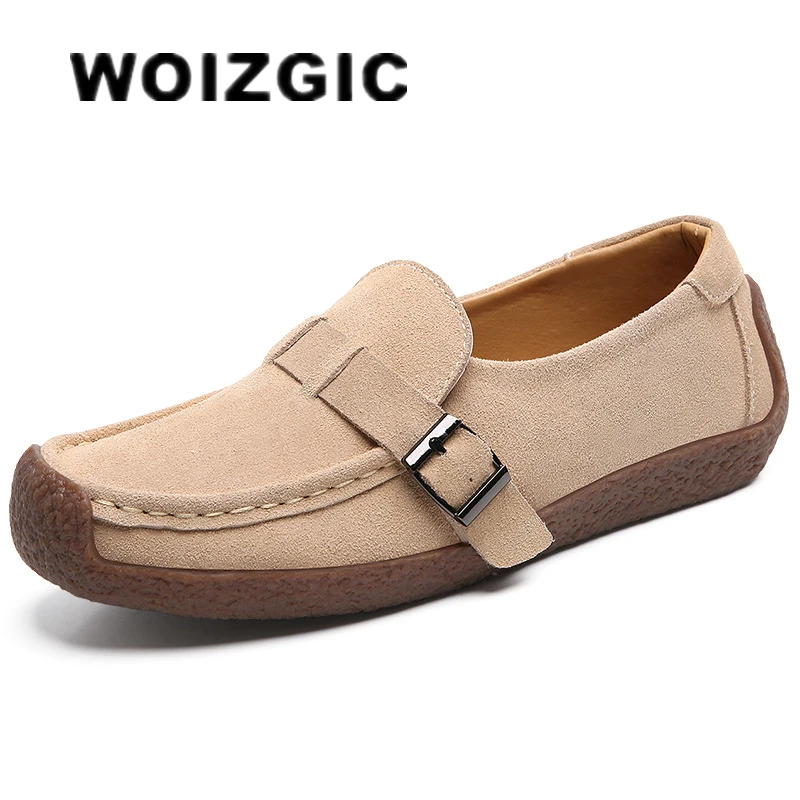 WOIZGIC Women Mother Female Lady Cow Suede Genuine Leather Shoes Flats Loafers Slip On Spring Moccasins Plus Size 43 42