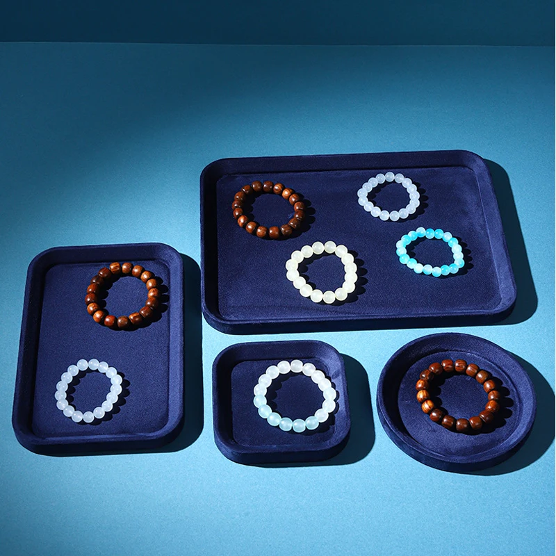 

Elegant Blue Series Velvet Jewelry Display Tray Multiple Pendant Necklace Bracelet Long Chain Storage Plate Counter Showing Prop