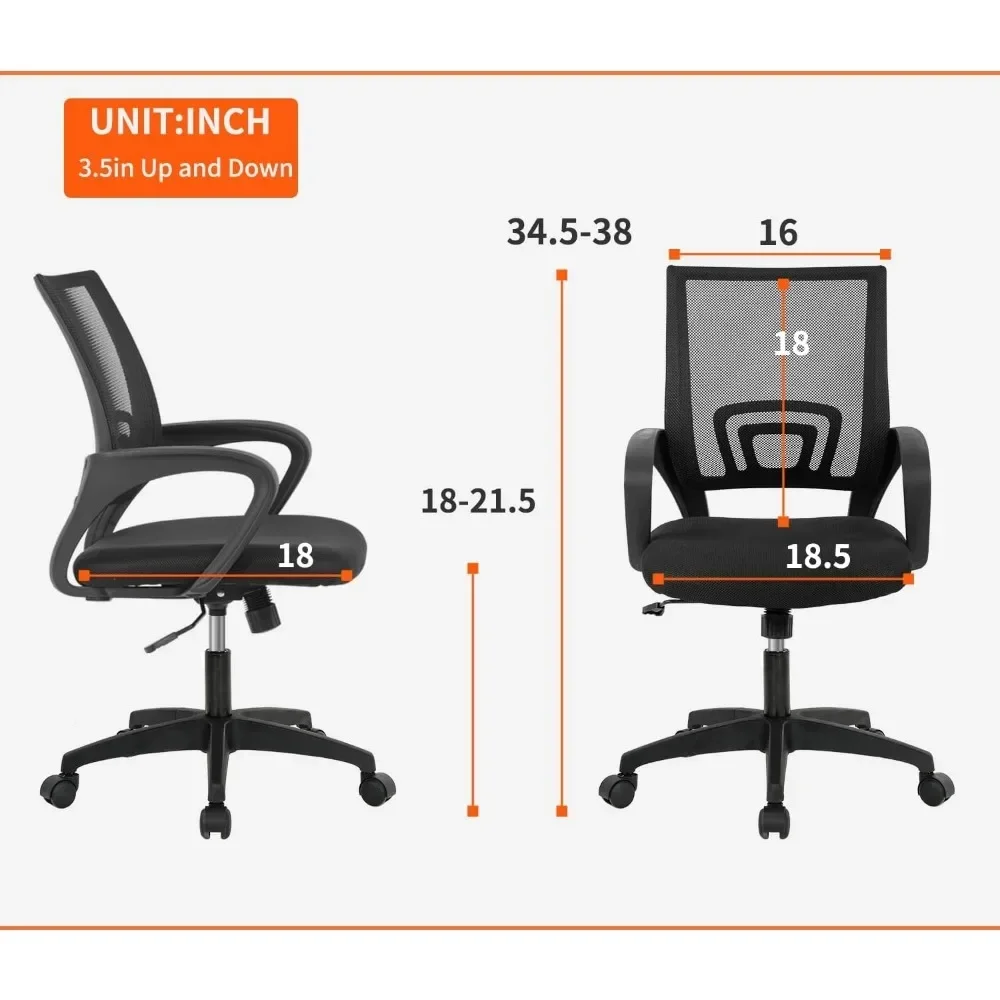 Ergonômica Mesh Desk Chair com Apoio Lombar, Cadeiras de Computador, Braço, Rolling Swivel, Ajustável, Preto, Casa, Escritório