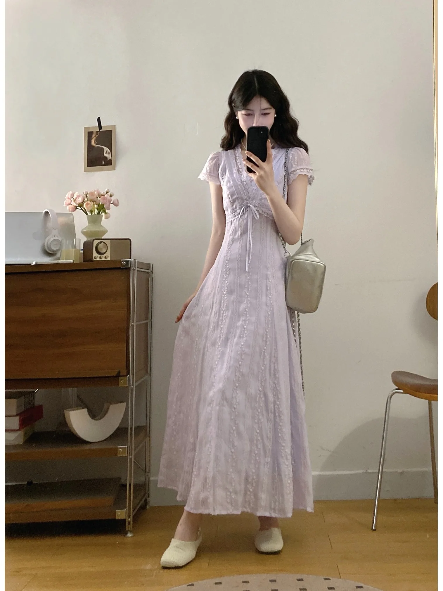 

plus Size Summer Gentle Embroidered V-Neck Short Sleeve A-Line Dress Slimming Long Skirt for Women Casual High Waist