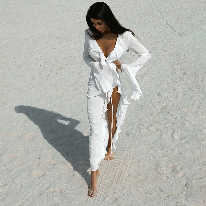 เสื้อคลุมลูกไม้เซ็กซี่ แขนยาว ถักโครเชต์ ผ้าตาข่ายบางเบา สำหรับคลุมบิกินี่ ชุดคลุมชายหาด สไตล์โบฮีเมียน ชุดคลุมชายหาดแบบกิโมโน