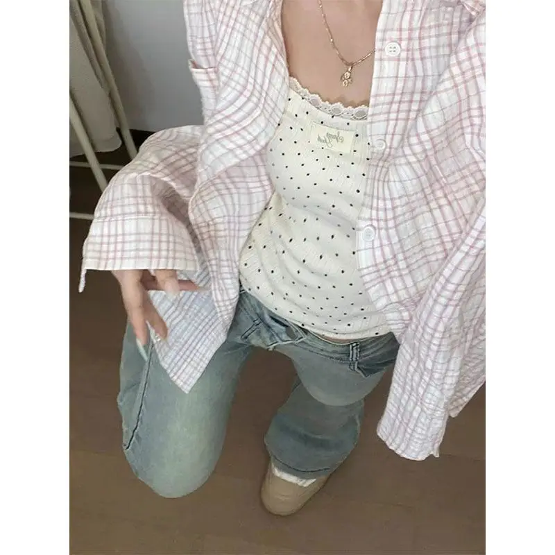 Women's Pink Plaid Oversized Button-Down Shirt, Loose Long Sleeve Casual Lightweight Summer Blouse