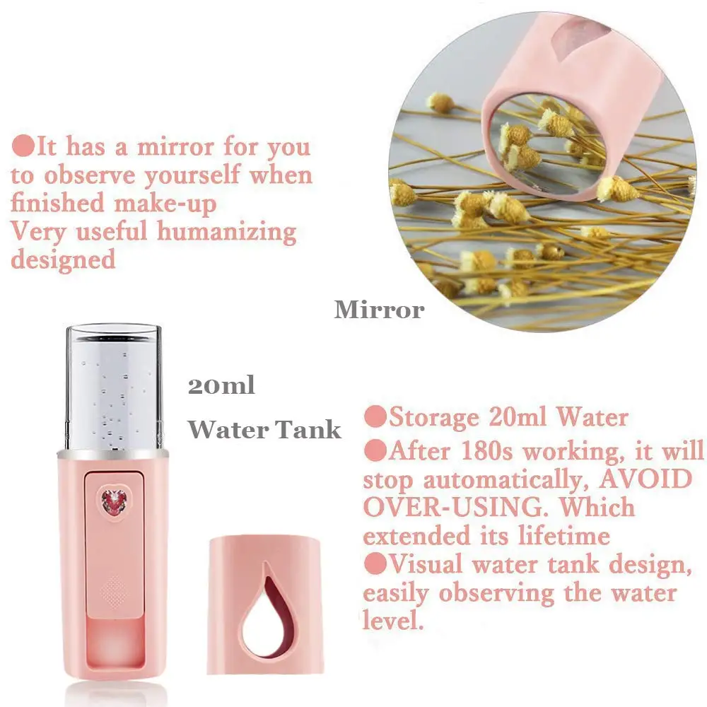 A44TPortable Nano Facial Mister Mini Facial Steamer Atomização Extensões de Cílios com Espelho Rosa