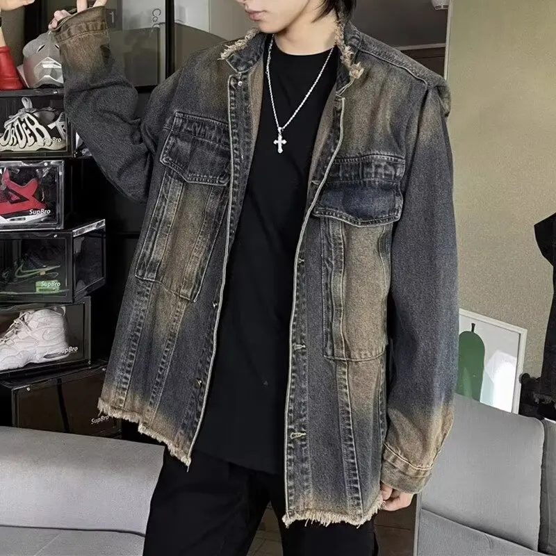 

American Retro Waed Denim Jaet Men's Spring Autumn High Street Design Loose Versatile Jaet Top Youth Faion Casual Wear