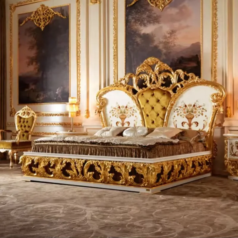 High End European Luxury Villa Bedroom Furniture Solid Wood Carved Palace Royal Double King Size Bed