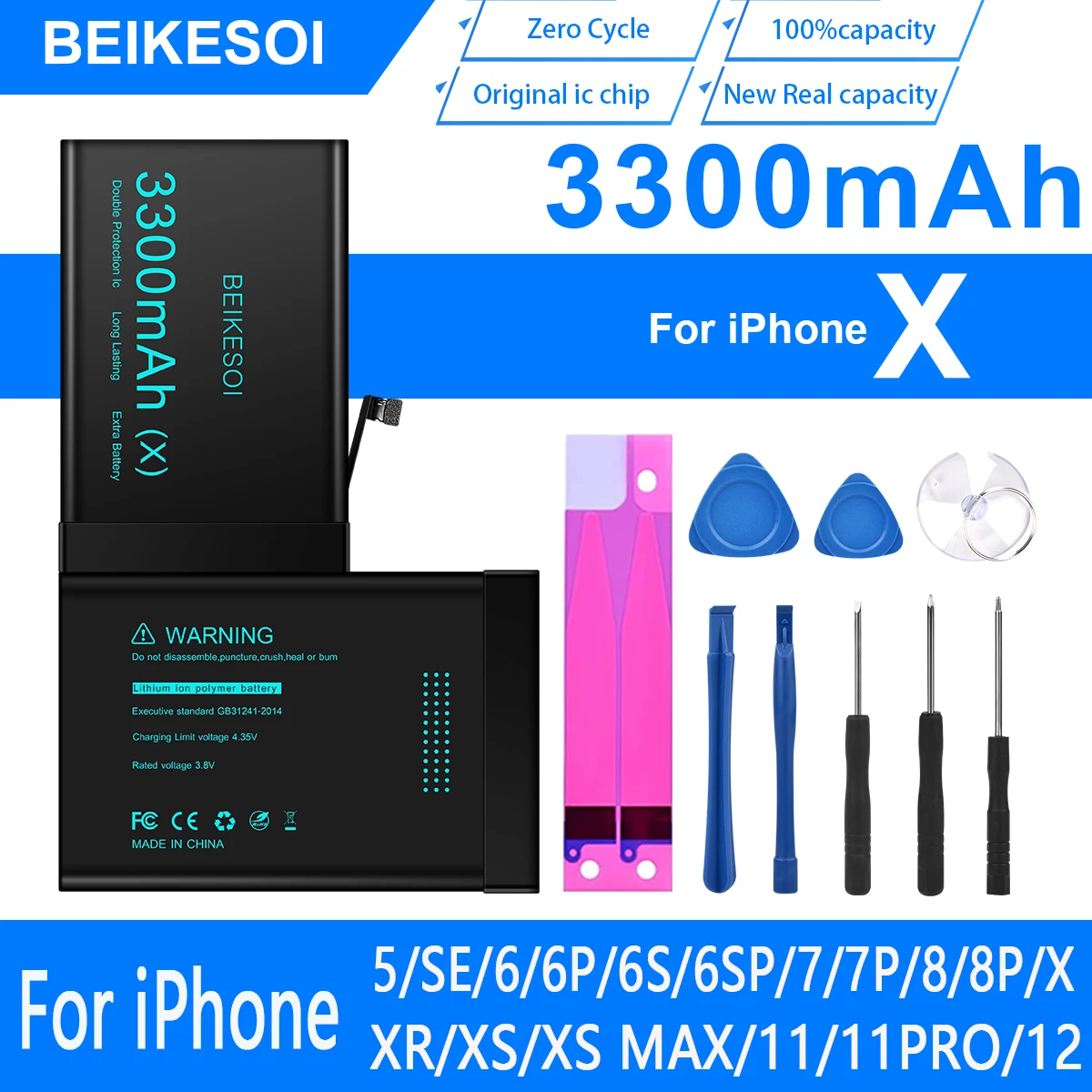 BEIKESOI-Bateria De Substituição De Polímero De Lítio Para iPhone X, Alta Capacidade, 0 Ciclo, Chip IC Original