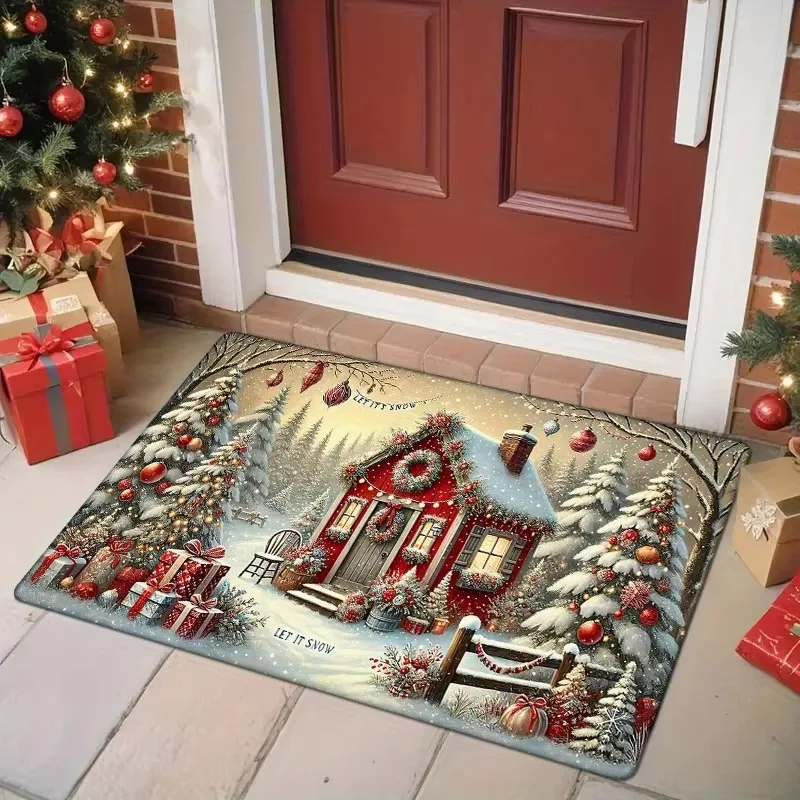 Christmas Red Truck Door Mat Merry Christmas Tree Gift Box Print Floor Mat Wooden Texture Rug Xmas Holiday Entryway Decor
