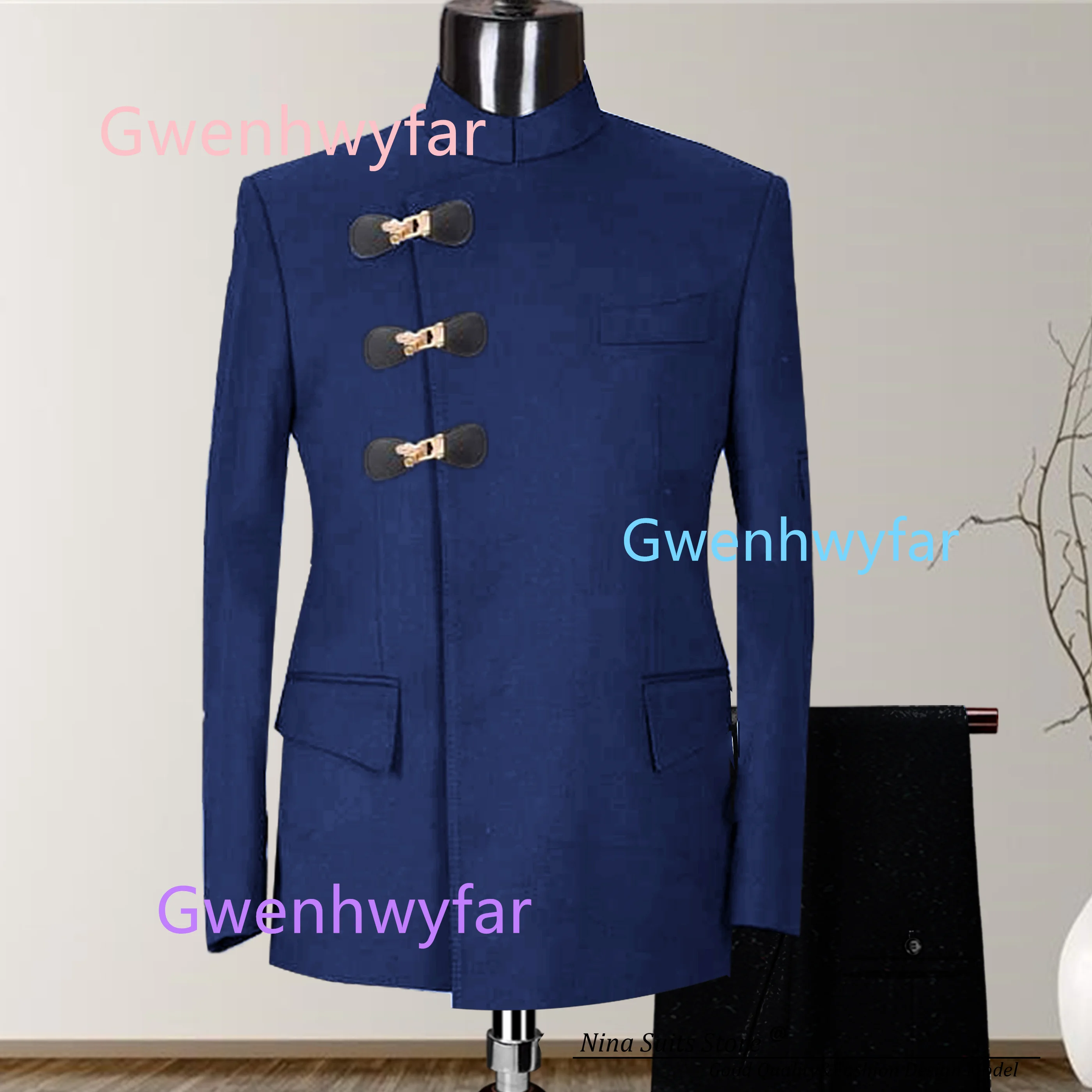 

G&N Новый дизайн в африканском стиле, костюм из 2 предметов с воротником-стойкой и кожаной пряжкой, черные брюки могут быть изготовлены по индивидуальному заказу в цвете