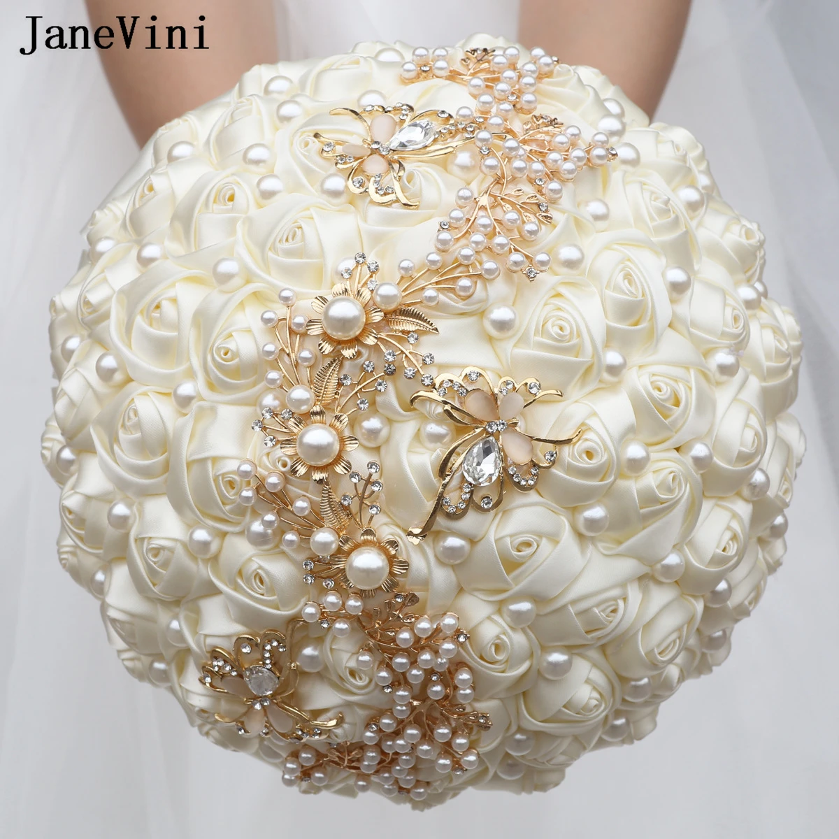 

JaneVini Stunning Pearls Ivory Wedding Flowers Bridesmaid Bridal Bouquets Handmade Satin Roses Wedding Brooch Bouquet Customized