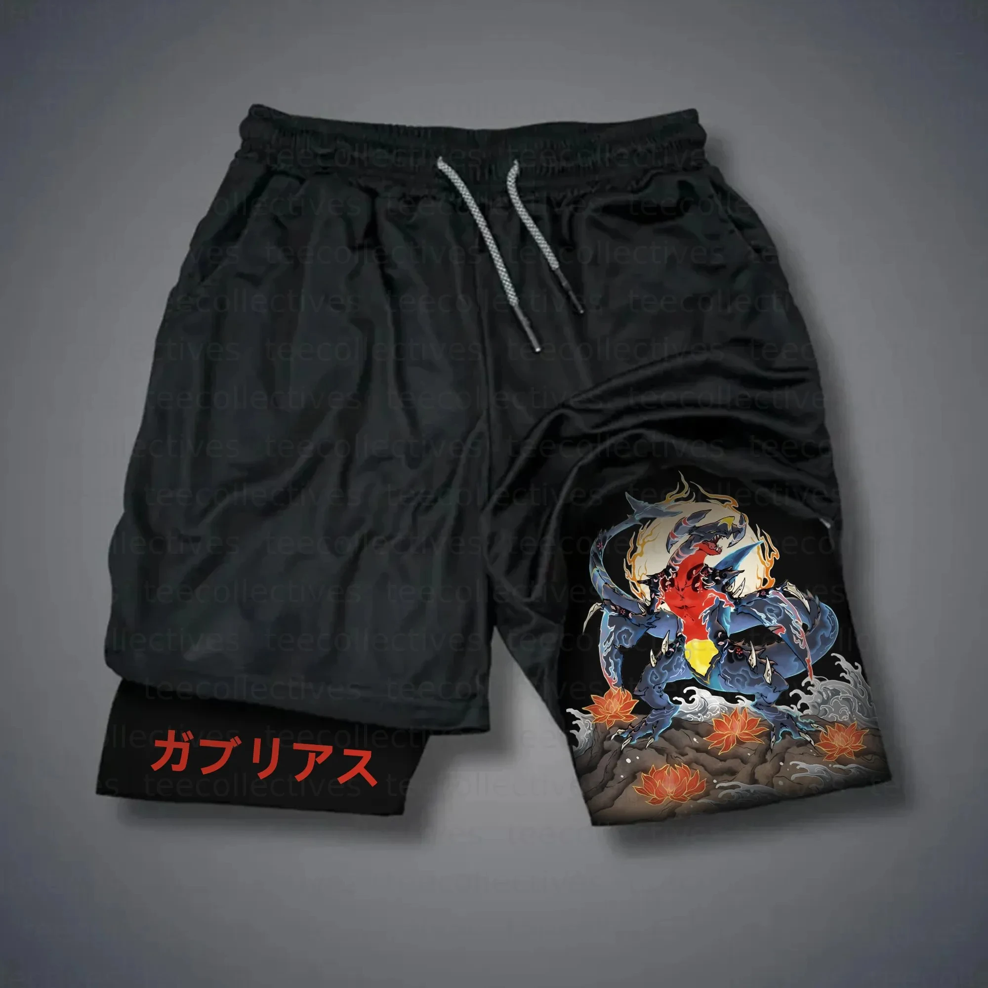pokemon-garchomp-preto-shorts-das-mulheres-dos-homens-2025-verao-anime-calcas-japones-design-dos-desenhos-animados-gabite-evolucao-flor-vermelha-onda