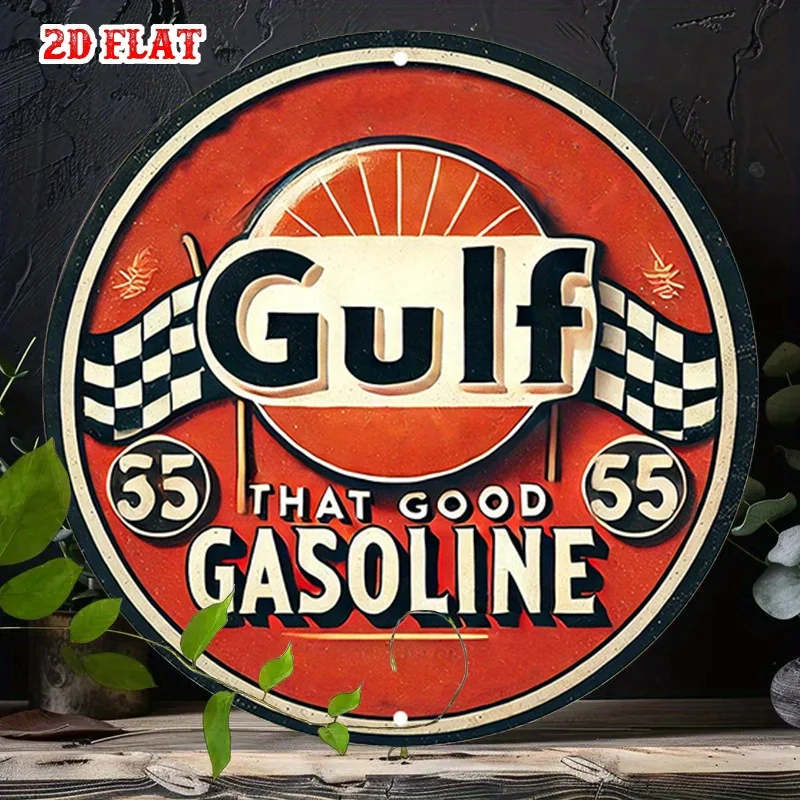 2D شقة، 1PC خمر الخليج 55 البنزين الألومنيوم معدن القصدير تسجيل - 7.87x7.87 بوصة تصميم جولة متقلب العلم، ريفي جدار الفن ل #1