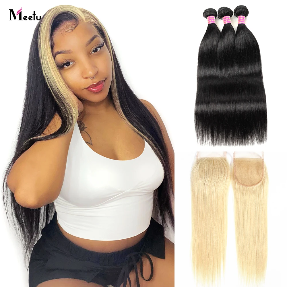 Meetu Straight Bundles with Closure 613 Blonde Lace Closure and Bundles Human Hair Bundles with Closure Remy 4x4 Lace Closure