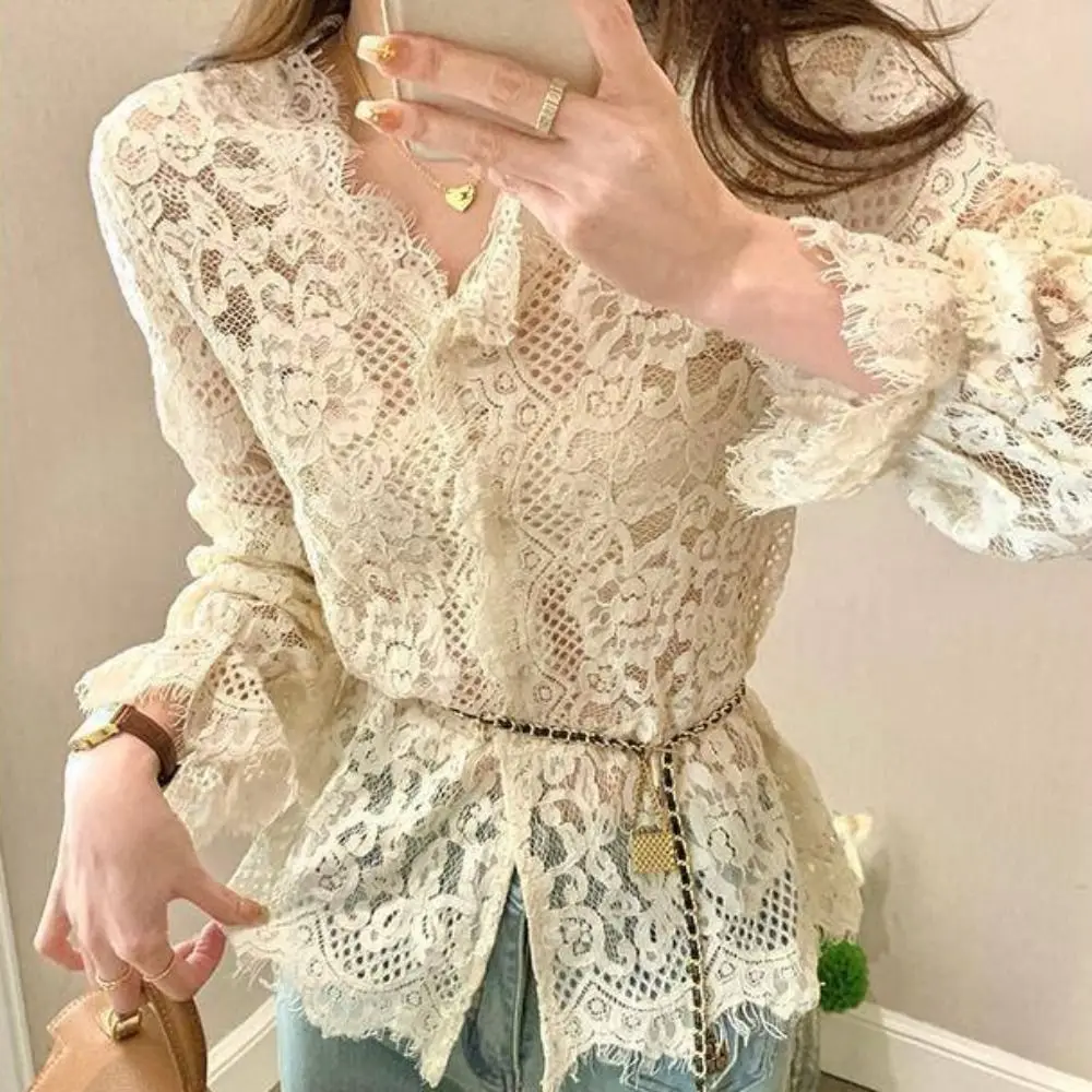 

Sweet Chic Lace Shirts for Women Undershirts V Neck Lace Blouse See Through Flower Hollow Long Sleeve Tops Summer