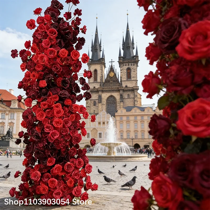 Rote, burgunderrote, schwarze Rosenblumenreihe, Blumenarrangement, Hochzeitshintergrund, KT-Board-Bogenrahmen, Dekoration für Veranstaltungen und Partys. – Detail 8