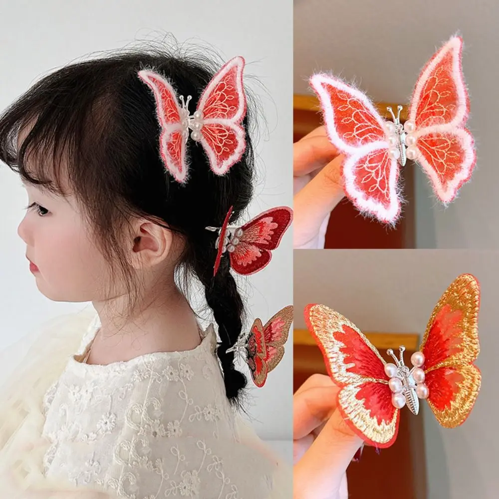 

Pearl Moving Butterfly Hair Clip Fashion Plush Butterfly Butterfly Duckbill Clip Embroidery Headwear Hanfu Hairpin Party