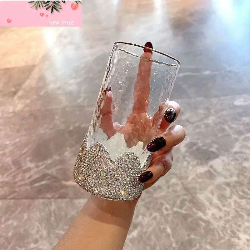 

Sparkling Rhinestones Glass Water CupTransparent Glass Coffee Tea Mug Drinks Bling Dessert Breakfast Milk Cup Drinkware Beer Cup