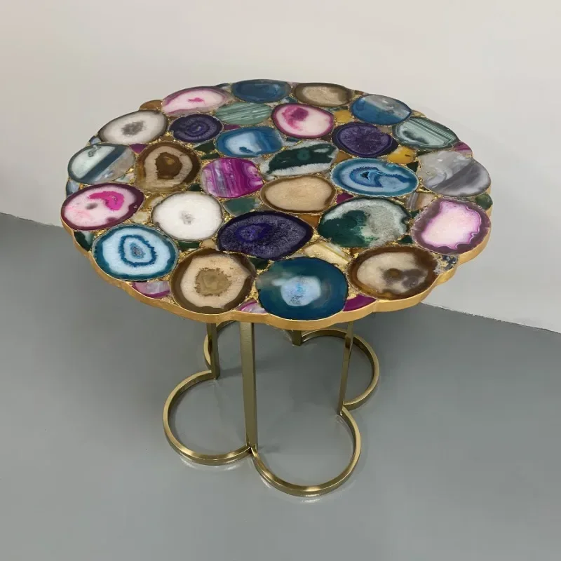 Natural agate stone restaurant dining table Italian light luxury villa mansion living room high-end colorful