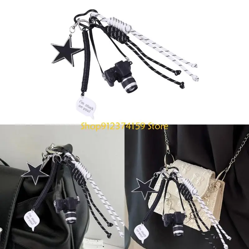 G5AE Trendy Camera Design Keychain Alloy Star Charm Hand Woven Nylon Rope Decoration Bag Pendant For Backpack Purse