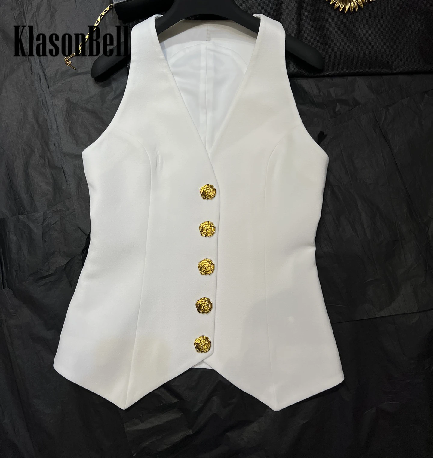 5.5 KlasonBell-Women\'s Single Breasted Vest, V-Neck Asymmetrical Vest, Rose Flower, Gold Button, Vintage Outerwear, Collect Wais