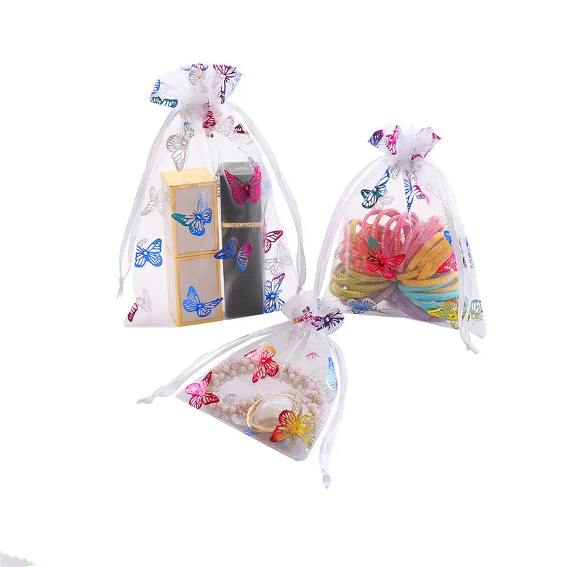 100pcs/lot 7*9 9*12 10*15cm Butterfly Organza Bags Wedding Jewelry Candy Drawstring Gift Pouches