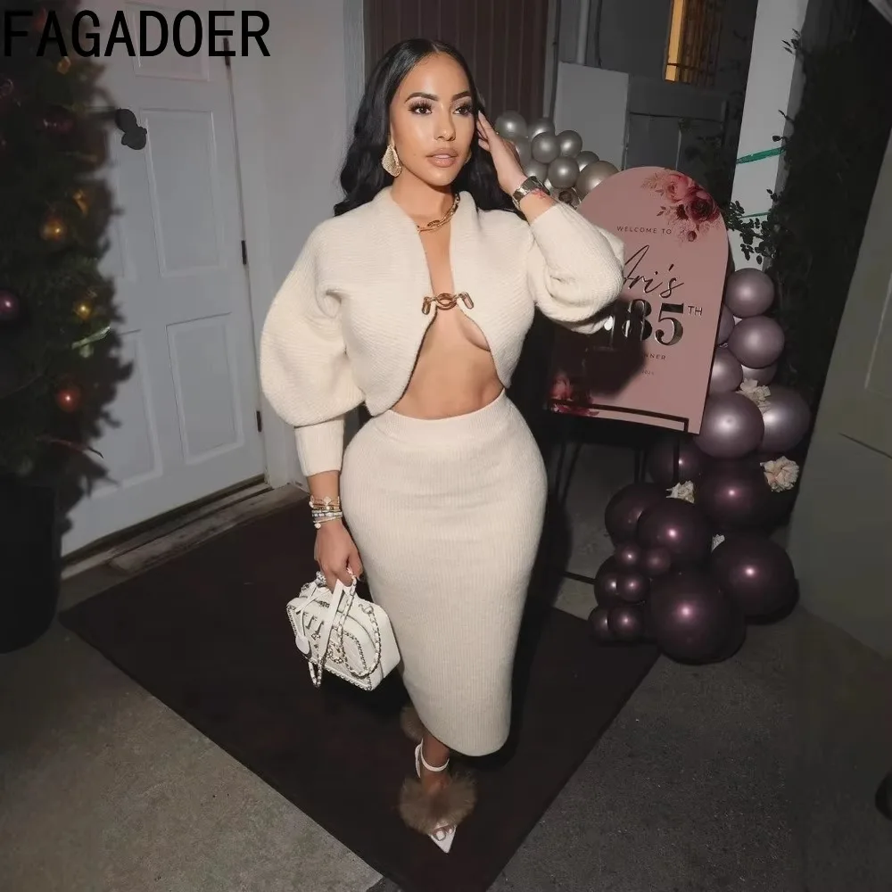 

FAGADOER High Quality Elegant Knit Women 2 Piece Set Outfit Hollow Out Lantern Sleeve Crop Cardigan + Long Skirt Suit Streetwear