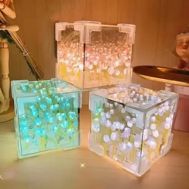 Tulip Mirror Cube Lamp Simulation Flower Bedroom Sleeping Table Lamp Handmade DIY Craft Tulips Mirror Night Light Birthday Gifts