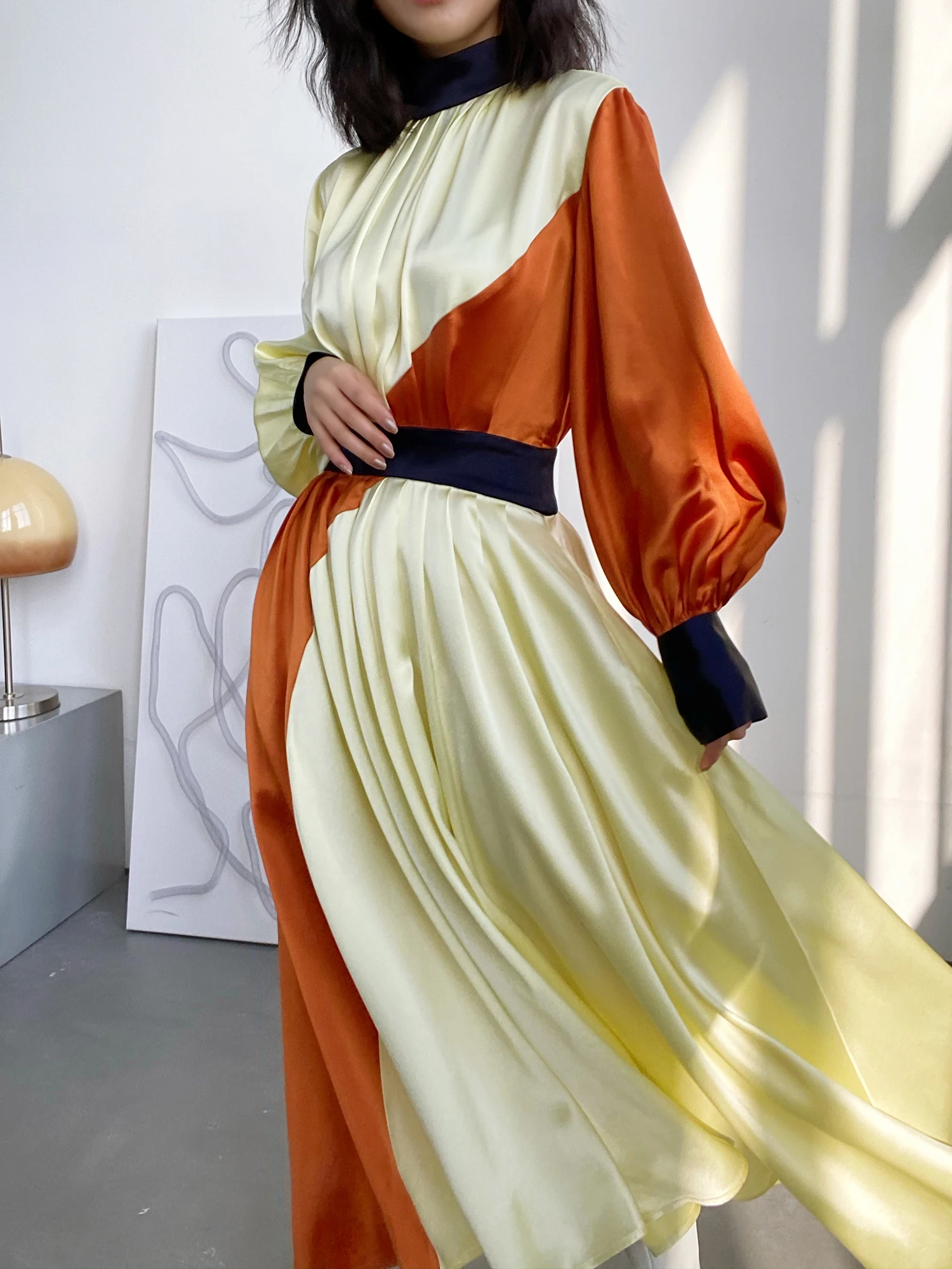 

TINNTINN High Waist Acetate Lantern Sve Pleated Dr Women's Spring Season Long Dr Princ Sle Gathered Waist