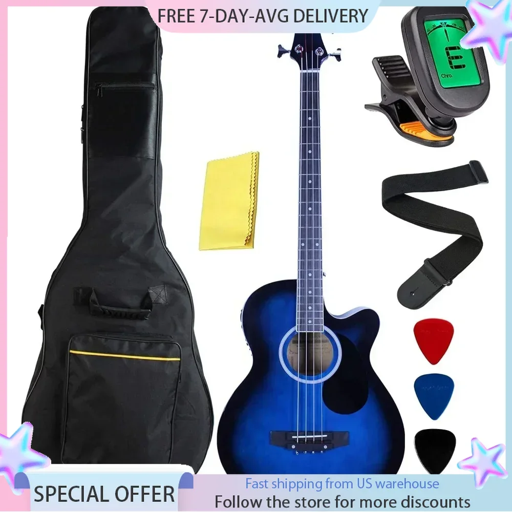 Electric Bass Guitar 4 Strings Cutaway Acoustic with 4-Band Equalizer, Adjustable Truss Rod,Gig Bag,Strap Electric Bass Guitar