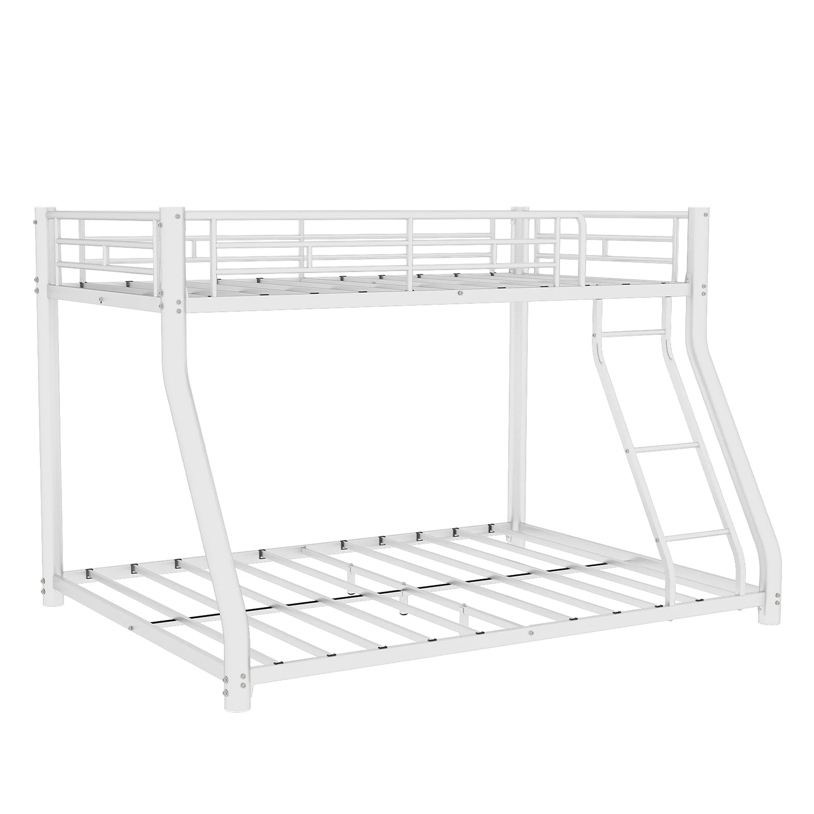 Metal Bunk Bed Twin Over Full Size, Heavy Duty White Frame with Guardrails, Space Saving Bed for Kids & Adults