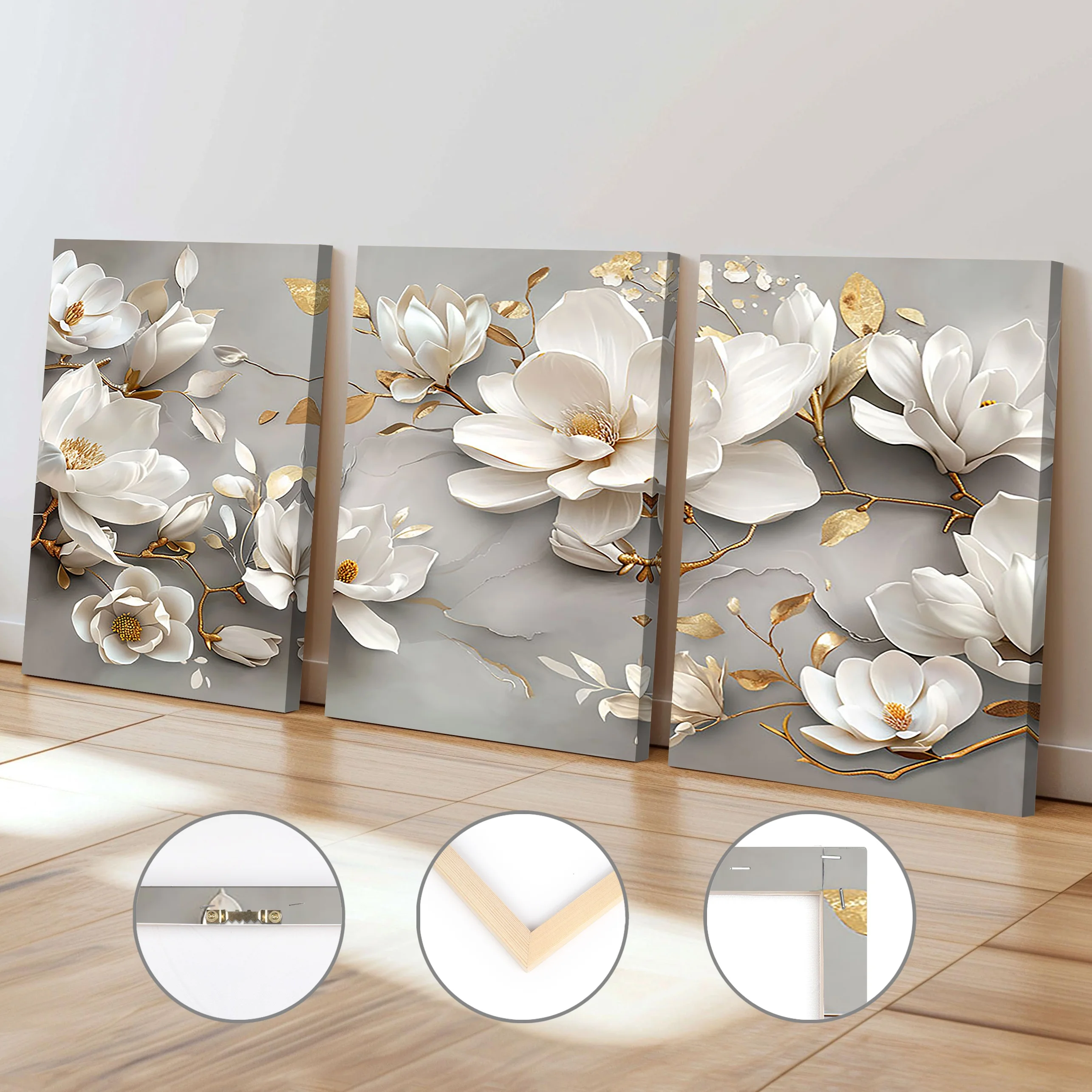 Modern Print Abstract Floral Canvas 3PC Paintings White Flowers With Gold Leaf Paint Grey Background Poster,Home Decor,Wall Art