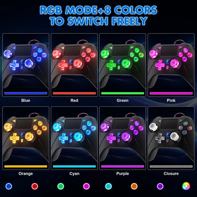 وحدة تحكم P5 RGB لوحدة التحكم PS5/4/PC 2M لوحة ألعاب سلكية طويلة جدًا مع اهتزاز توربو مزدوج لا تأخير توصيل فوري للتحكم في الألعاب