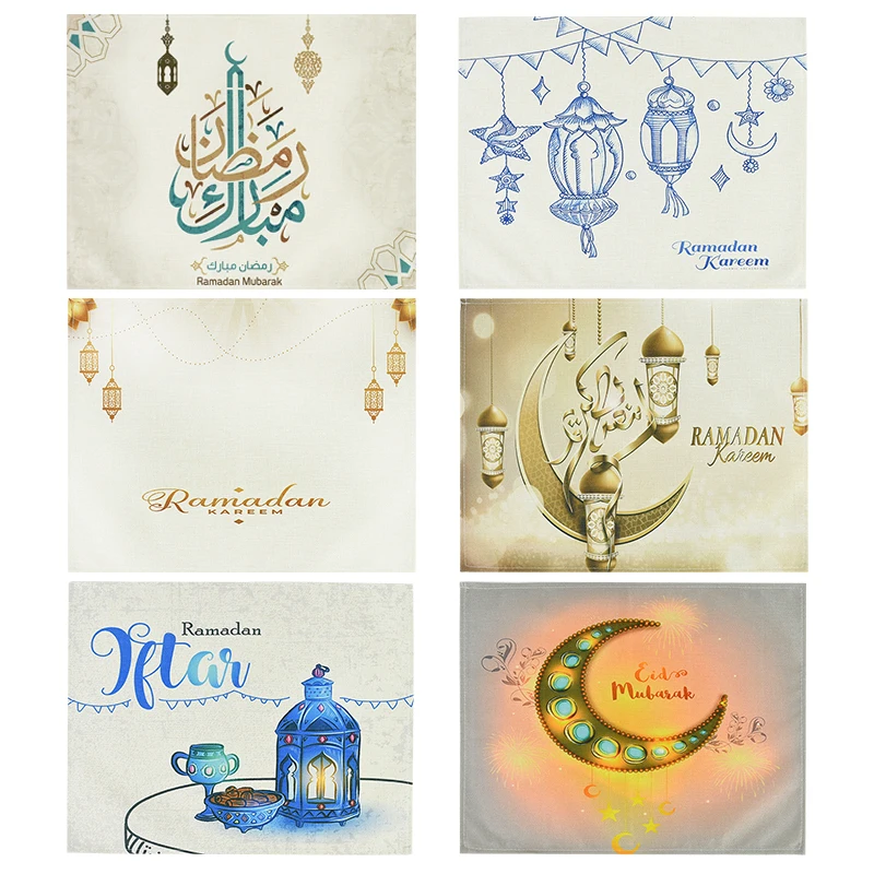 

1Pc 43cm Eid Mubarak Linen Placemat Table Ornaments Ramadan Decoration 2024 Islam Muslim Festive Party Supplies