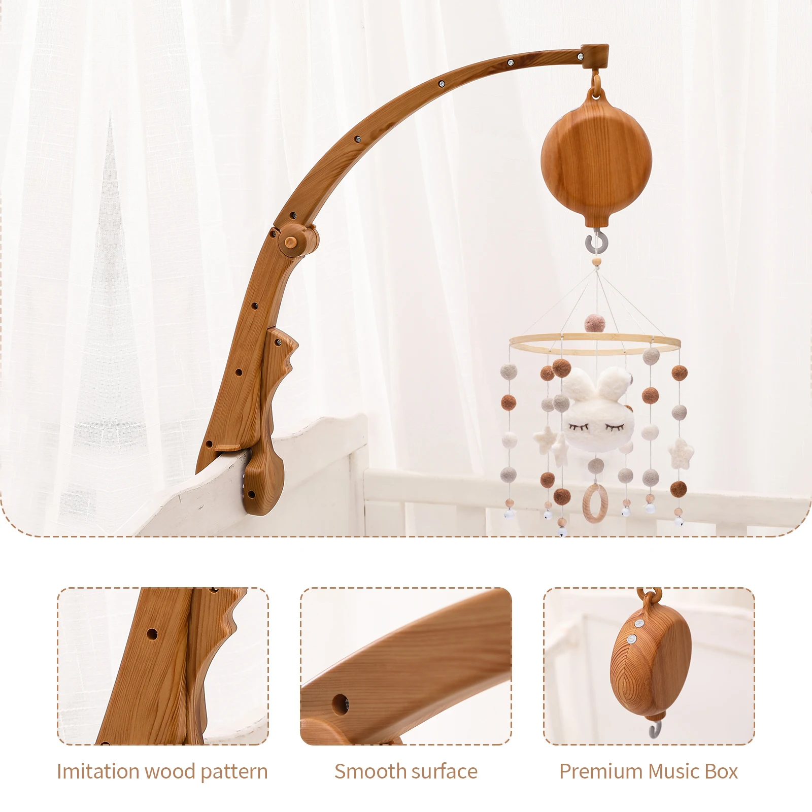 DIY Baby Crib Bed Bell Holder Arm Toy Imitation Wood Grain Infant Bed Decoration Toys Rotating Music Box Nut Screw Arm Bracket