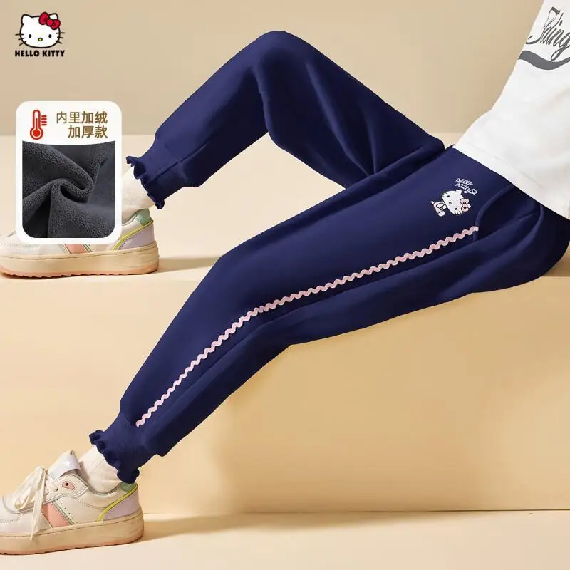 

Спортивные штаны Sanrio Hello Kitty с толстой флисовой подкладкой для девочек-подростков, повседневная одежда, осенне-зимние, теплые, уютные, комфортные, новый стиль 2025 года