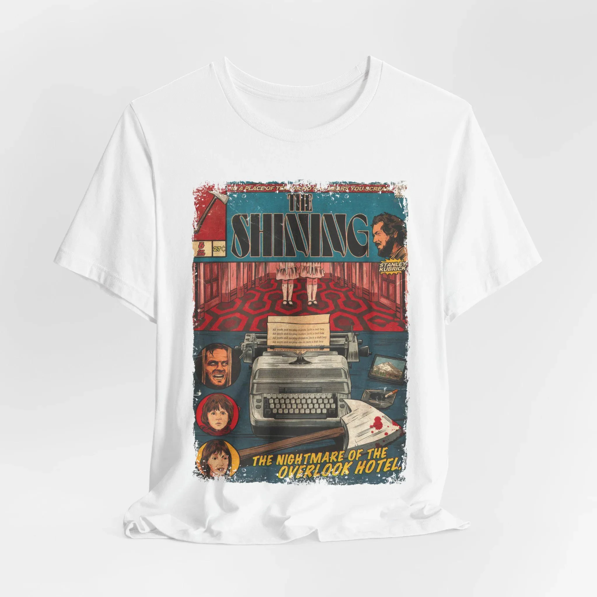 Shining Comic Style T-shirt Overlooking Hotel Horror Movie Pattern T-shirt for Men and Women Retro Short Sleeved Streetwear