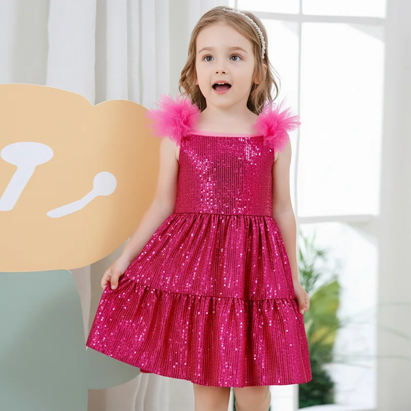 Sequin Girls Dress Three-dimensional Flower Shoulder Strap Sleeveless Children's Dress Rose Red New Dress Dress