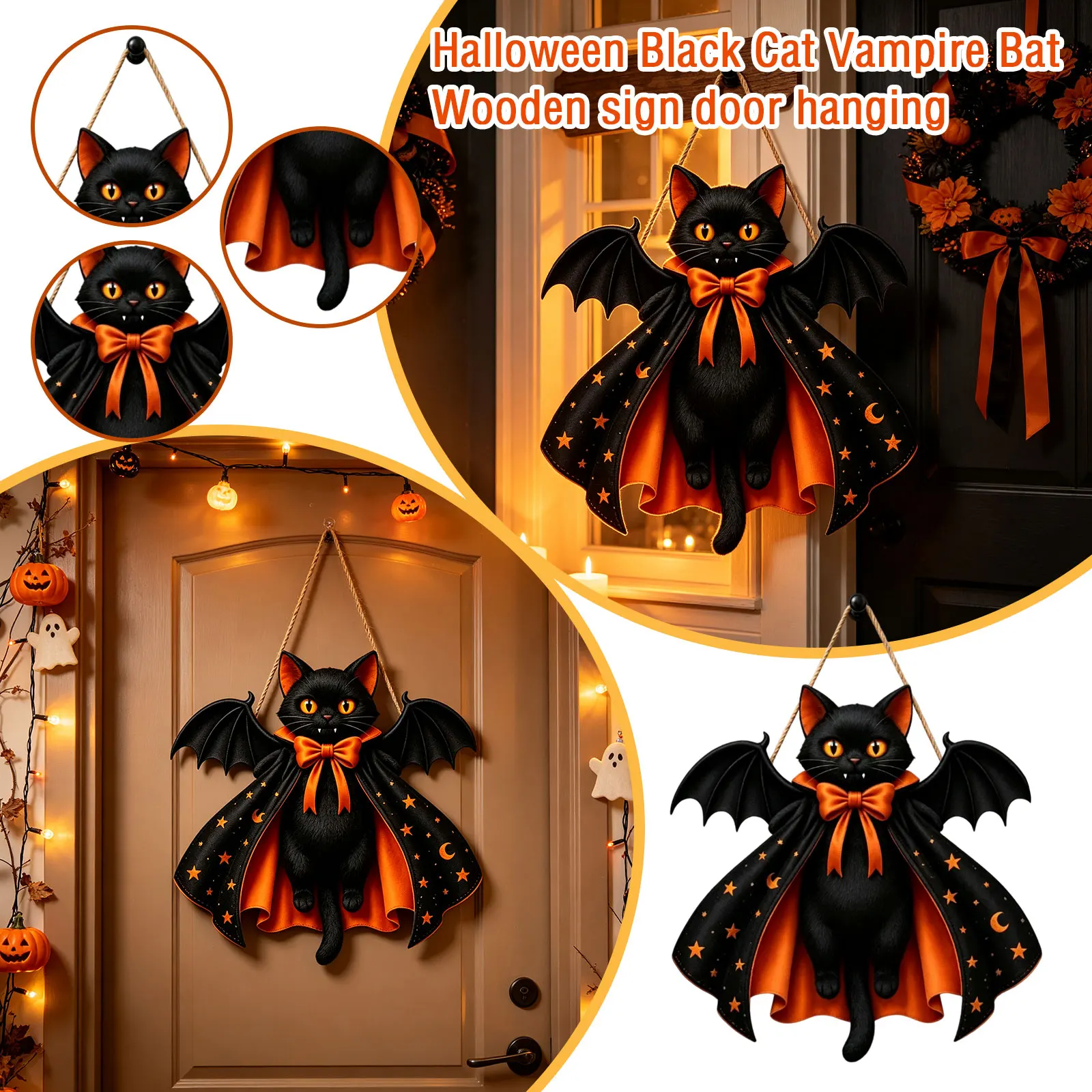  2D Flat Halloween Black Cat Vampire Bat Wooden Sign Gothic Wall Hanging Decor Wall Plaque For Home Holiday Party Decor