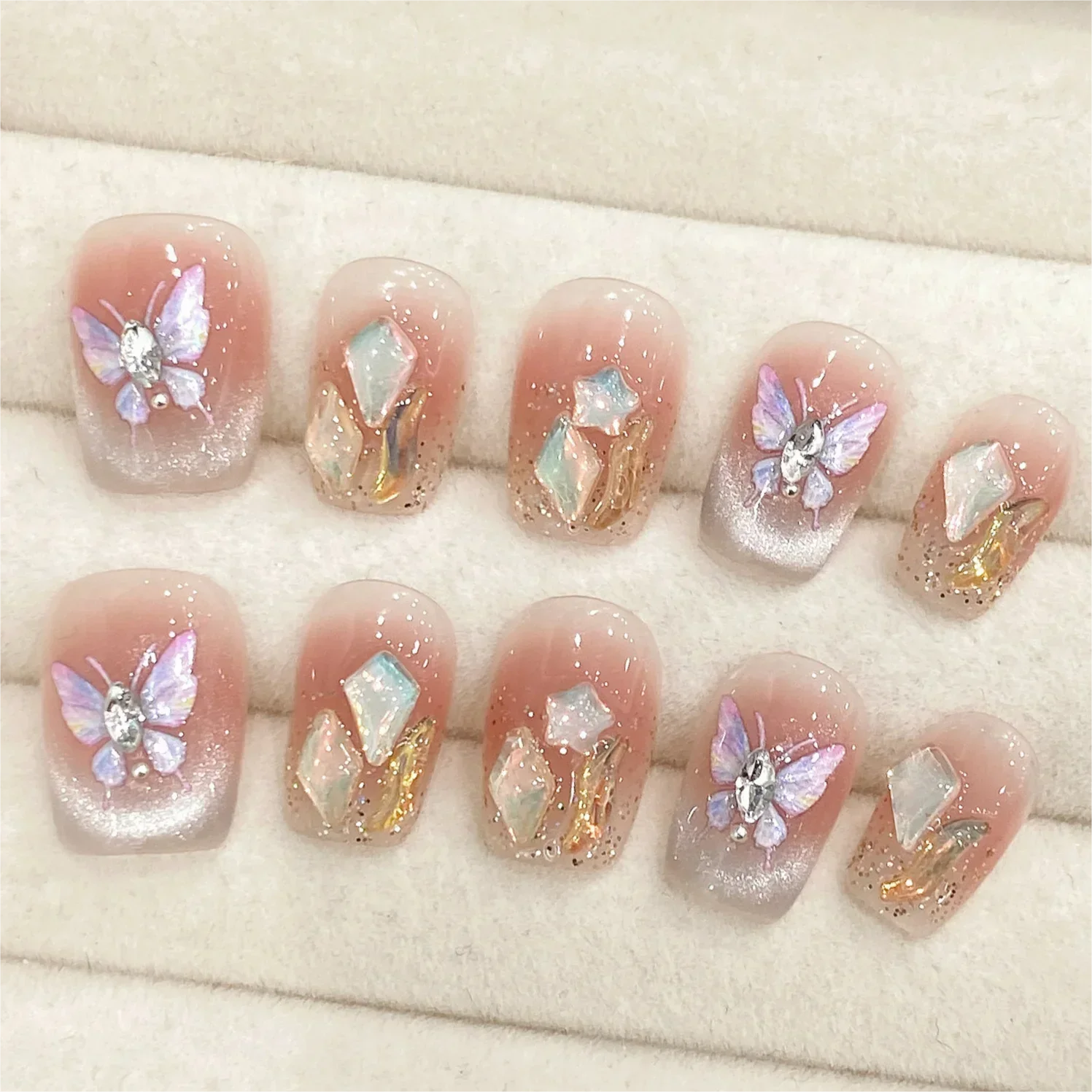 10Pcs Cat Eye Handmade Press On Nails French flash Rhinestone Fake Nail with Butterfly Full Cover Wearable Artificial Nail Tips