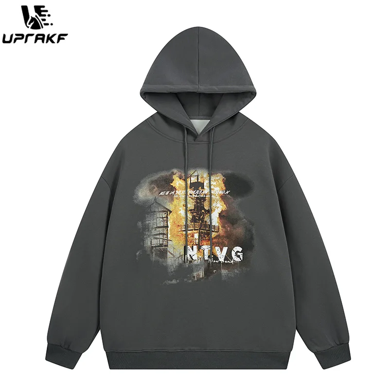 UPRAKF Burning Building Graphic Hoodie Streetwear High Quality Casual Tops Long Sleeve Pullovers Hip Hop Fashion