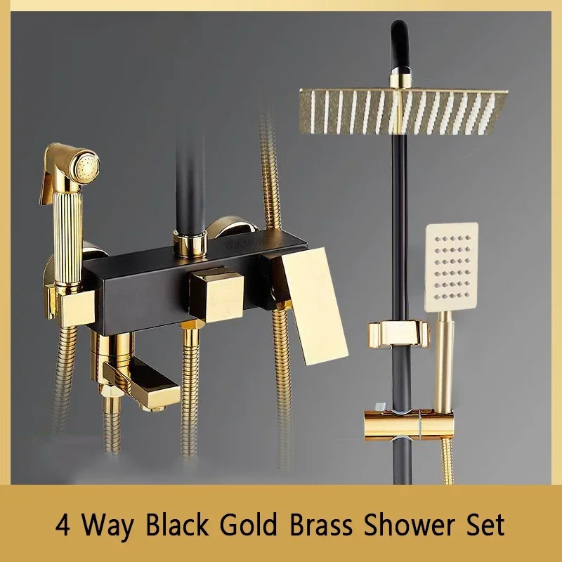 

Black Gold Bathroom Shower Set Wall Mounted Bathtub Brass Faucet Shower System 4Modes Hot and Cold Rainfall Shower Mixer Tap Set