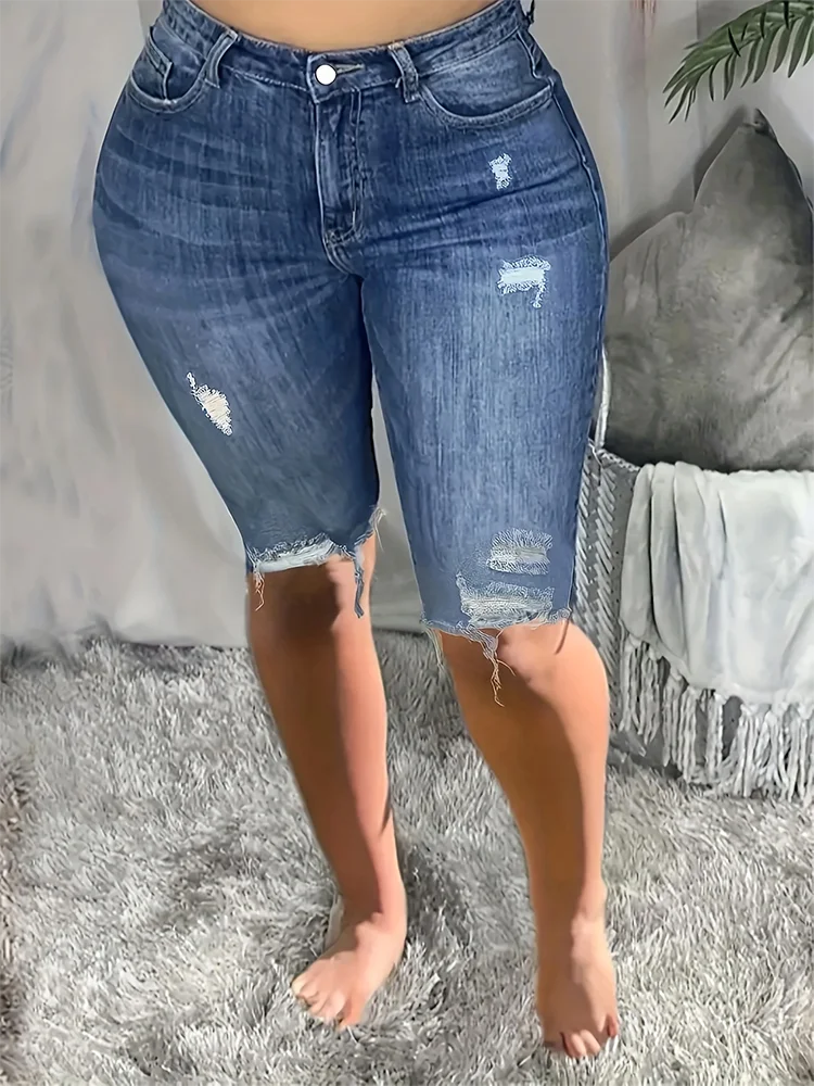 Pantalones vaqueros con agujeros actuales para mujer, pantalón corto ajustado, cómodo, informal, liso, a media cintura, de talla grande, cinco cuartos, a la moda