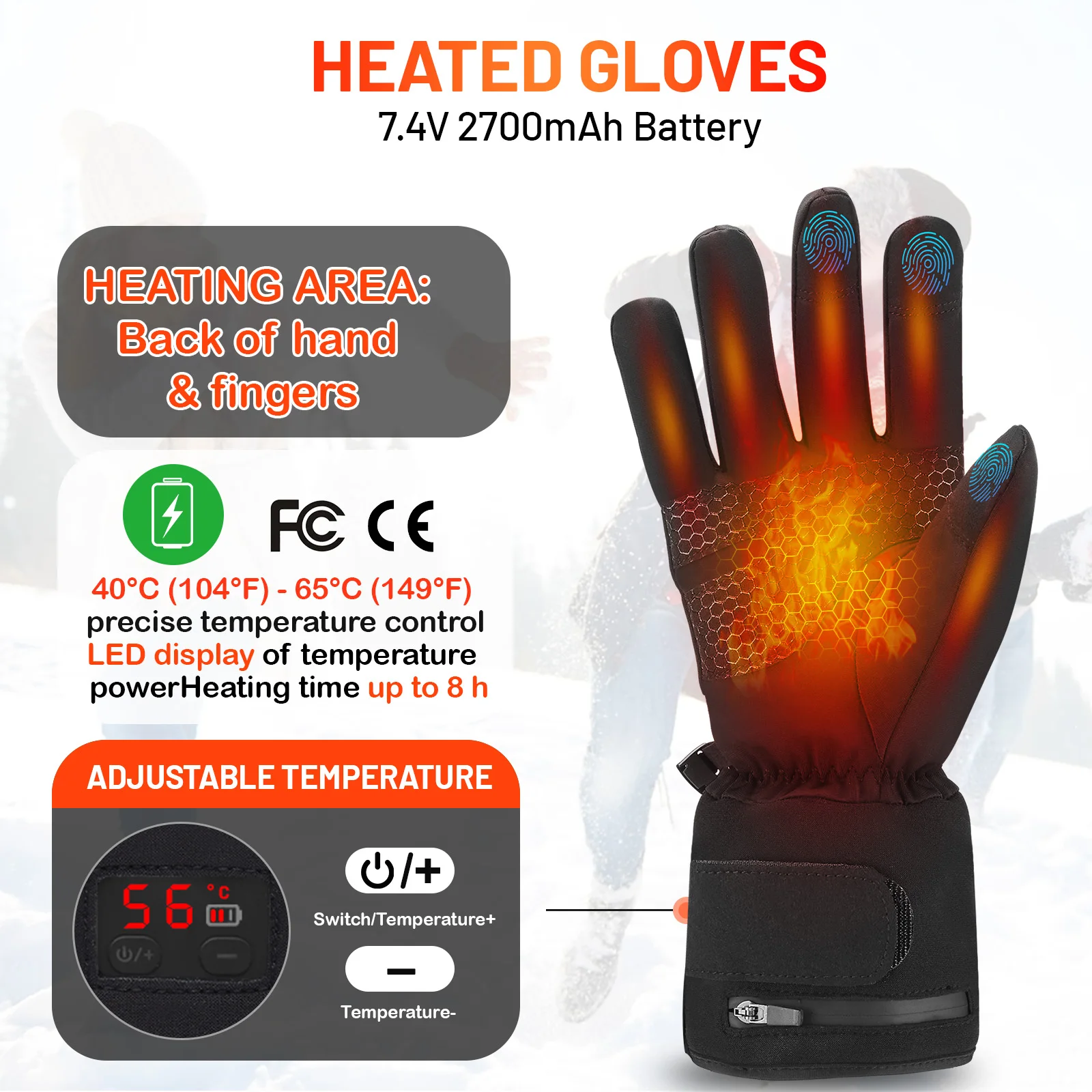 

Women Electric Heated Ski Gloves LED Temperature Display Winter Waterproof Windproof Thermal Gloves Touchable on Screen