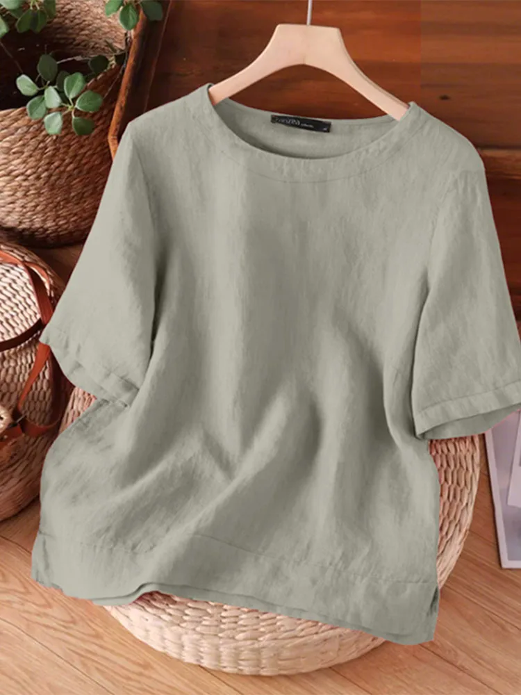2025 ZANZEA femmes été tunique hauts décontracté à manches courtes solide Blouse rétro coton Blusas élégant col rond Chemise de travail Chemise ample