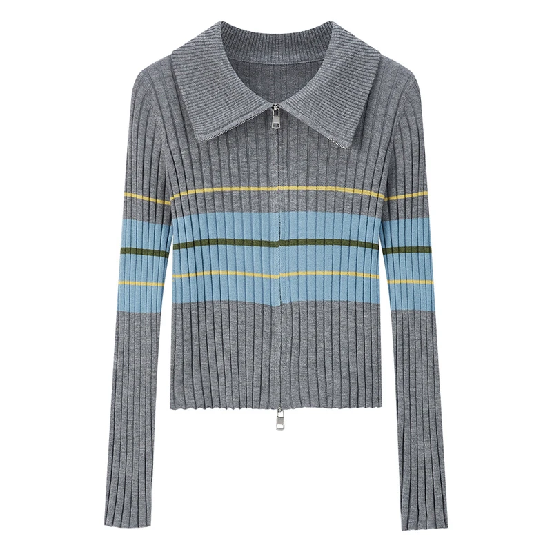 VIMLY, jerseys de rayas grises, mezcla de lana tejida, otoño 20225, solapa con cremallera, suéter ajustado de manga larga, prendas de punto suaves para mujer 72722