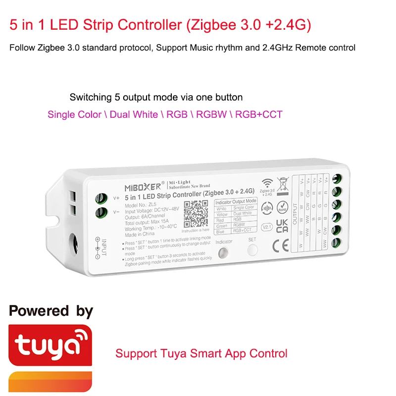 MiBOXER 2.4G RF Remote RGB Controller DC12-48V 5In1 Zigbee Dual White / Single Color /RGB /RGBW /RGB+CCT LED Strip Contoller