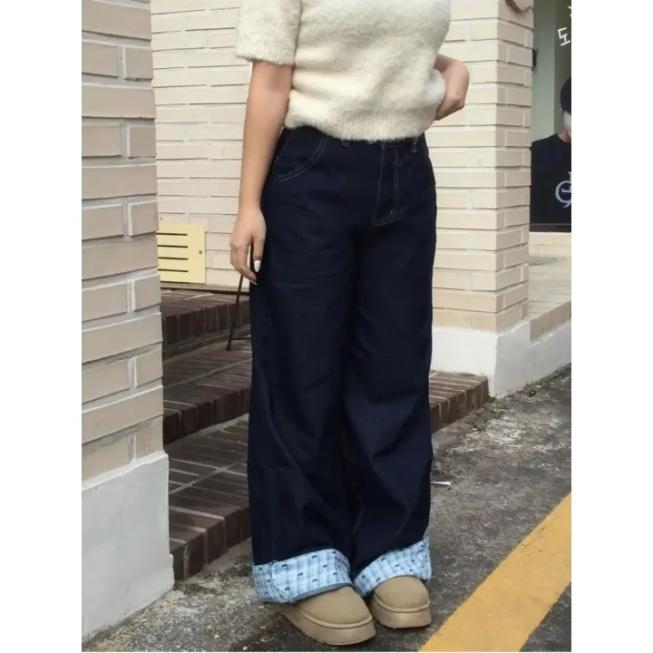 

High Waist Wide Leg Plaid Patchwork Denim Pants Women's Chic Design Knot Jeans Korean Style Floor-Length Trousers